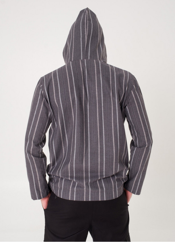 Shepherd Button Detailed Hooded Gray Striped Men's Shirt